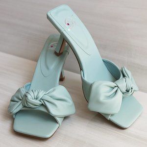 NEW Light Teal Blue Knotted Bow Square Open Toe Mules Slip On Heel Sandals Shoes